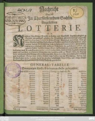Nachricht Von der Jm Churfürstenthum Sachsen Angestellten Lotterie