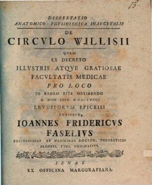 Diss. anat. physiol. inaug. de circulo Willisii