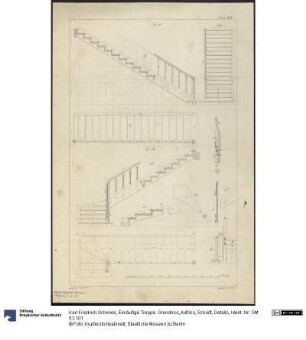 Einläufige Treppe. Grundriss, Aufriss, Schnitt, Details
