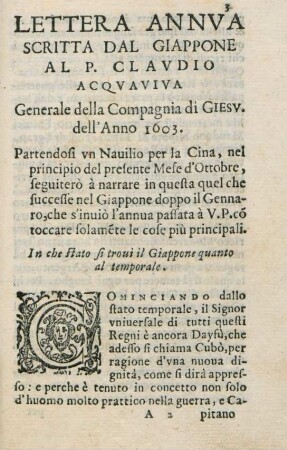 Lettera annua Scritta dal Giappone al P. Claudio Acquaviva. Generale della Compagnia di Giesu. dell'anno 1603