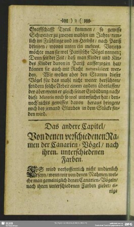 Das andere Capitel, Von denen verschiedenen Namen der Canarien-Vögel, nach ihren unterscheidenen Farben