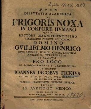 Dispvtatio Academica De Frigoris Noxa In Corpore Hvmano