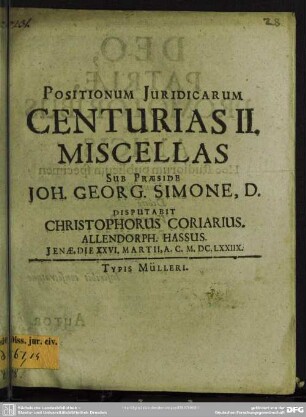 Positionum juridicarum centuria[e] 2 miscella[e]