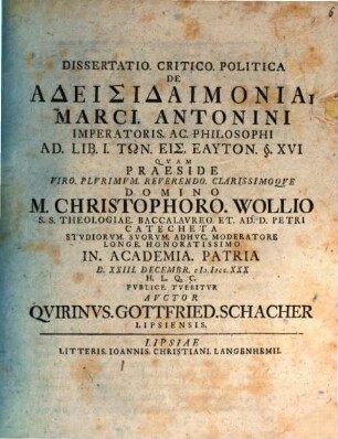 Dissertatio Critico Politica De Adeisidaimonia Marci Antonini Imperatoris Ac Philosophi Ad. Lib. I. Tōn Eis Heauton § XVI