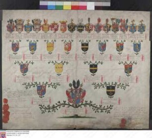 Ahnenprobe des Grafen Wenzel Jos[eph] v. Leiningen Dachsburg Guntersblum. - ausgefertigt 1777 Juni 9, Pergament