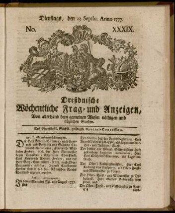 Dienstags, den 23. Septbr. Anno 1777. No. XXXIX. - Dienstags, den 11. Novbr. Anno 1777. No. XLVI.