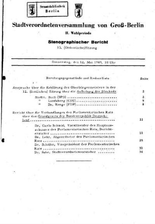 Nr. 13, 12. Mai 1949, Ordentliche Sitzung