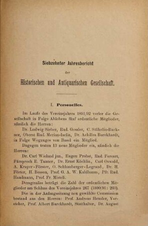 Jahresbericht der Historischen und Antiquarischen Gesellschaft zu Basel. 17. 1891/92 (1892)