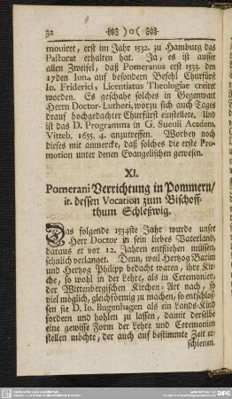 XI. Pomerani Verrichtung in Pommern, it. dessen Vocation zum Bischoffthum Schleßwig