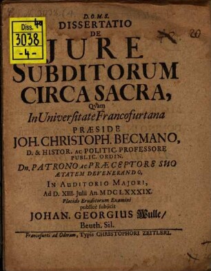 Diss. de iure subditorum circa sacra