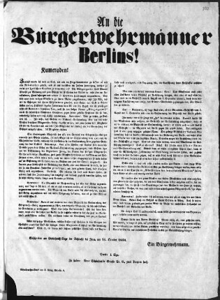 An die Bürgerwehrmänner Berlins! Kameraden! (Sammlung Friedlaender)