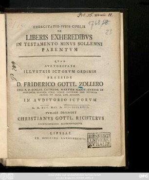 Exercitatio Ivris Civilis De Liberis Exheredibvs In Testamento Minvs Sollemni Parentvm