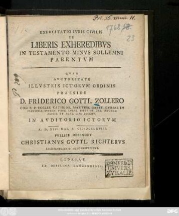 Exercitatio Ivris Civilis De Liberis Exheredibvs In Testamento Minvs Sollemni Parentvm