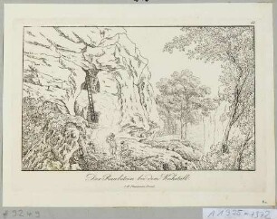Der Raubstein (Winterstein, Hinteres Raubschloss) westlich des Zeughauses in der Sächsischen Schweiz mit dem Aufstieg zur Klufthöhle und Jägern am Lagerfeuer