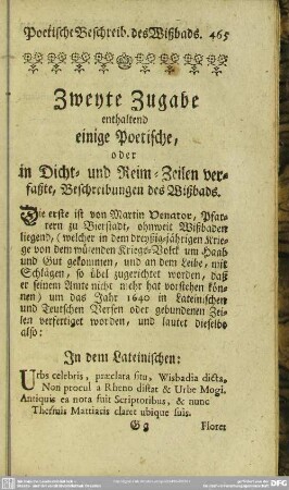 Zweyte Zugabe enthaltend einige Poetische, oder in Dicht- und Reim-Zeilen verfaßte, Beschreibungen des Wißbads