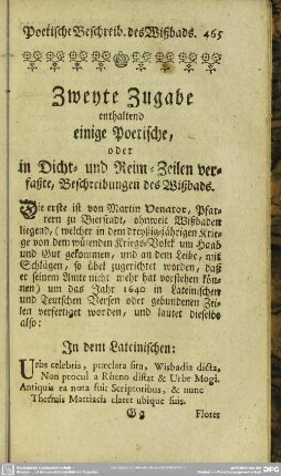 Zweyte Zugabe enthaltend einige Poetische, oder in Dicht- und Reim-Zeilen verfaßte, Beschreibungen des Wißbads