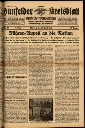 Erste Ausgabe vom Mittwoch, den 29. April 1942.