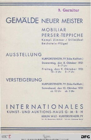 Gemälde neuer Meister : Mobiliar, Perser-Teppiche, kompl. Zimmer/Stilmöbel, Bechstein-Flügel ; 10. Oktober 1931