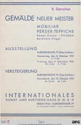Gemälde neuer Meister : Mobiliar, Perser-Teppiche, kompl. Zimmer/Stilmöbel, Bechstein-Flügel ; 10. Oktober 1931