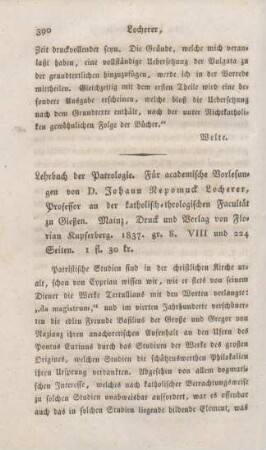 390-406 [Rezension] Locherer, Johann Nepomuk, Lehrbuch der Patrologie