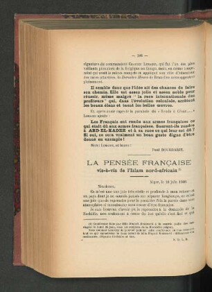 La Pensée francaise vis-à-vis de l'Islam nord-africain.