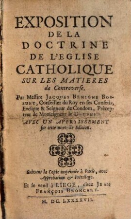 Exposition de la doctrine de l'Eglise catholique sur les matières de controverse