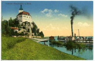 Hirschstein. Schloss mit Elbe und Dampfer Bohemia