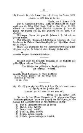 Termin für die Turnlehrer-Prüfung im Jahre 1878 : [IV. Seminarien, Bildung der Lehrer und deren persönliche Verhältnisse]