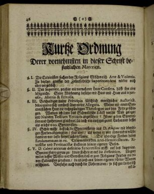Kurtze Ordnung Derer vornehmsten in dieser Schrift befindlichen Materien.