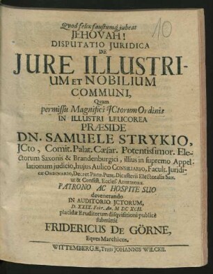 Disputatio Iuridica De Iure Illustrium Et Nobilium Communi
