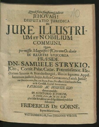 Disputatio Iuridica De Iure Illustrium Et Nobilium Communi
