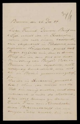 Nr. 16: Brief von Carl Runge an Adolf Hurwitz, Bremen, 24.12.1884
