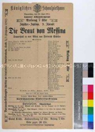 Programm des Königlichen Schauspielhauses Dresden für die Aufführung von "Die Braut von Messina" am 22. Juni 1911