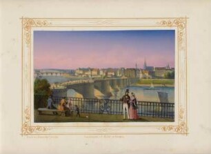Ansicht der Augustusbrücke in Dresden, gouachierte Lithogr., um 1850 : Ansicht der Augustusbrücke in Dresden, - [ca. 1850]. - 1 Kunstblatt : gouachierte Lithogr. ; 17 x 11 cm