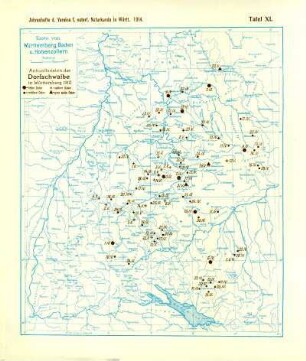 Tafel XI: Karte von Württemberg, Baden und Hohenzollern: Ankunftsdaten der Dorfschwalbe in Württemberg 1910