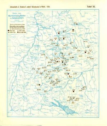 Tafel XI: Karte von Württemberg, Baden und Hohenzollern: Ankunftsdaten der Dorfschwalbe in Württemberg 1910