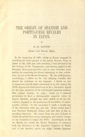 The origin of Spanish and Portuguese rivalry in Japan. By E. M. Satow