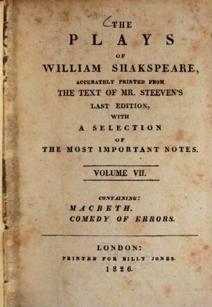 The Plays of William Shakspeare, 7. Macbeth. Comedy of Errors. - 358 S.
