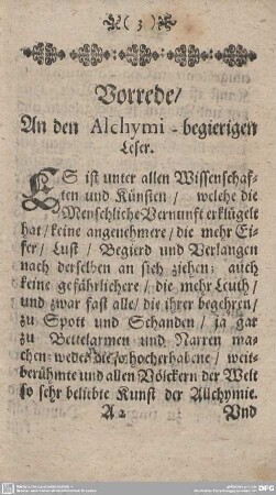 Vorrede/An den Alchymi-begierigen Leser.