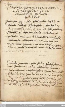 Formula Promissionis Eorum, Qui Recipiuntur In Collegium Philosophicum: