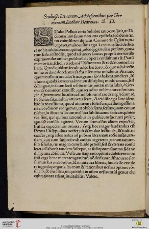 Studiosis literarum Adolescentibus per Germaniam Iacobus Bedrotus. S. D.