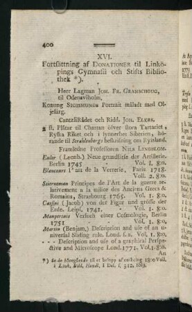 400-416, XVI. Fortsättning af Donationer til Linköpings Gymnasii och Stifts Bibliothek.