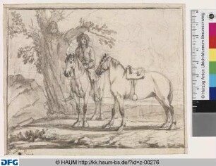 Ein Reiter mit einem ledigen Pferd unter einem Baum