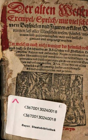 Der alten Weisen Exempel Sprüch : mit viel schönen Beyspielen und Figuren erkläret ; Darinnen fast aller Menschen wesen, händel, untreuw, list, geschwindigkeit, neid und hassz figuriert und angezeigt werden