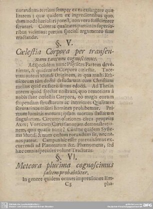 §. V. Coelestia Corpora per transenam tantum cognoscimus.