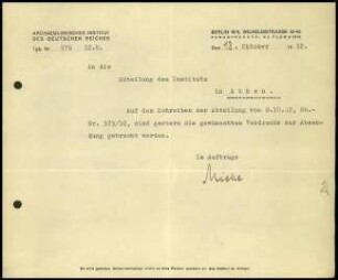 Schreiben; AIDR an DAI Athen (Anschreibelisten-Vordrucke)