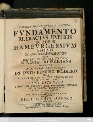 Dissertatio Inavgvralis Ivridica De Fvndamento Retractvs Dvplicis In Agris Hambvrgensivm Vsitati Occasione art. 61. des Land-Rechts