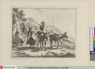 [Der Hirtenjunge reitend und das Milchmädchen gehend; Girls walking next to young herd riding a donkey]