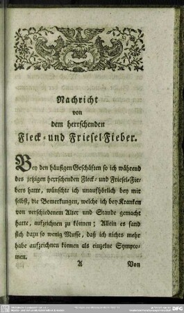 Nachricht von dem herrschenden Fleck- und Friesel-Fieber