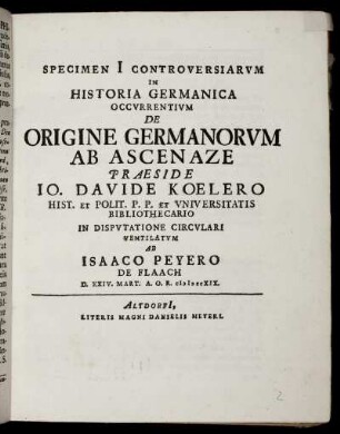 1: De Origine Germanorvm Ab Ascenaze